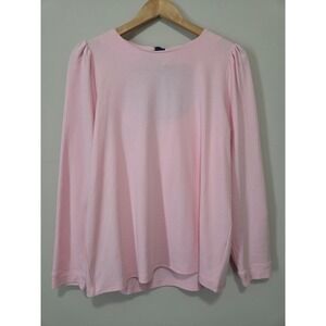 Crown & Ivy Pink Long Sleeve Top Navy Velvet Bow Back Puffed Shoulder Medium
